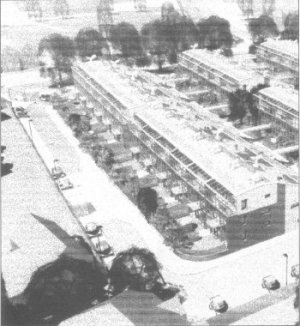 Birds-eye view of the model of Bill Dunster's Beddington Zero Energy Development for the Peabody Trust in Sutton